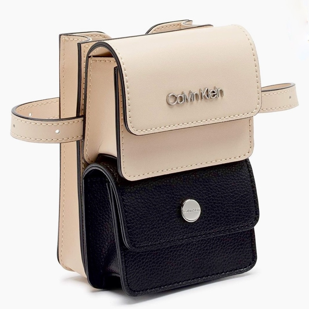 NWT Calvin Klein Tonya Calf Leather Beige/Sand Black Mini Belt Bag 1CK11